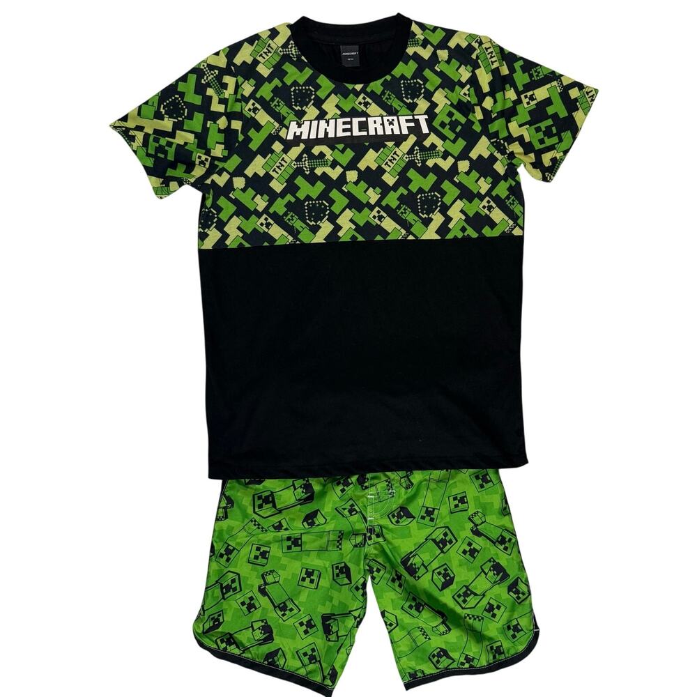 Minecraft Boys Medium Board Shorts and Shirt Set Green Black Creeper Gamer